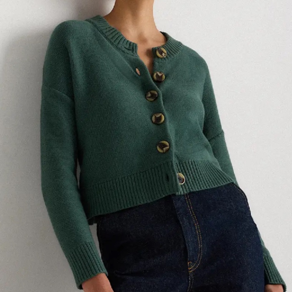 Quince 100% Organic Cotton Cropped cardigan Big Sur Green NWT XS - Picture 13 of 16